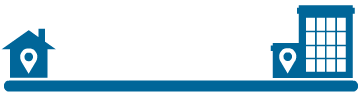The image shows a simple graphic of a house and a building connected by a horizontal line, each with location markers.