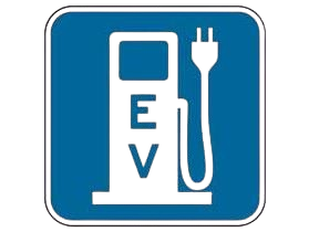 The image shows a blue square sign with an icon of an electric vehicle (EV) charging station.