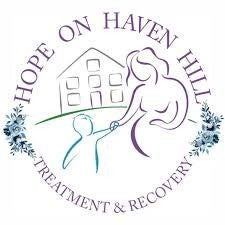Logo for Hope on Haven Hill Treatment & Recovery with an outline of a house and two figures holding hands. Floral decorations on either side.