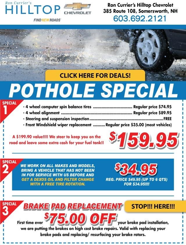 Advertisement flyer for Ron Currier's Hilltop Chevrolet with special offers for vehicle services.