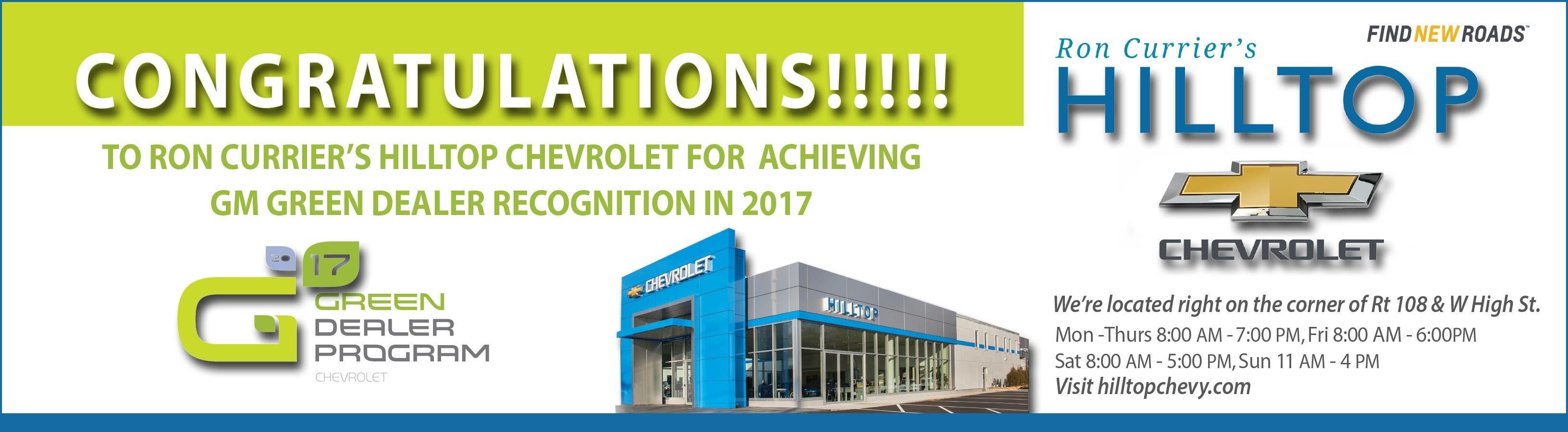 Certificate awarded to Ron Currier's Hilltop Chevrolet for achieving GM Green Dealer recognition in 2017.