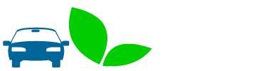 The image shows a blue car icon next to two green leaves on a white background.